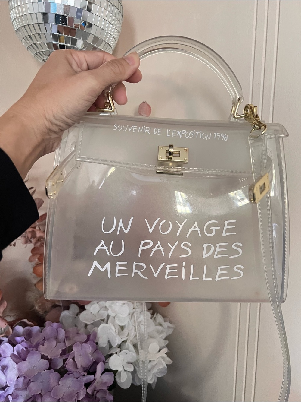 Clear Top-Handle Women’s Bag with White Script